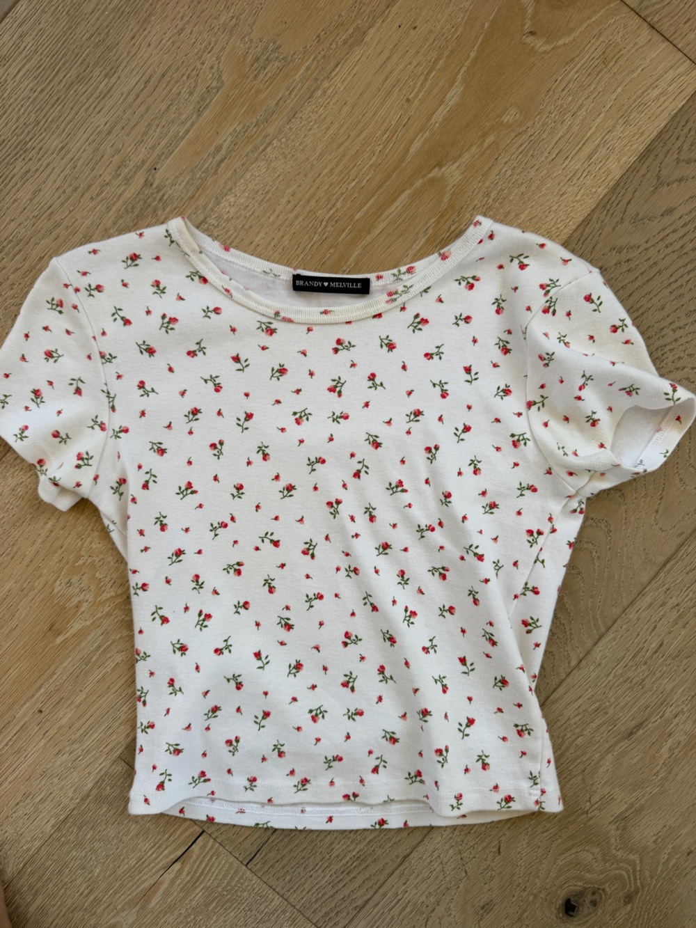 Brandy Melville White Tee with Small Red Rose Print